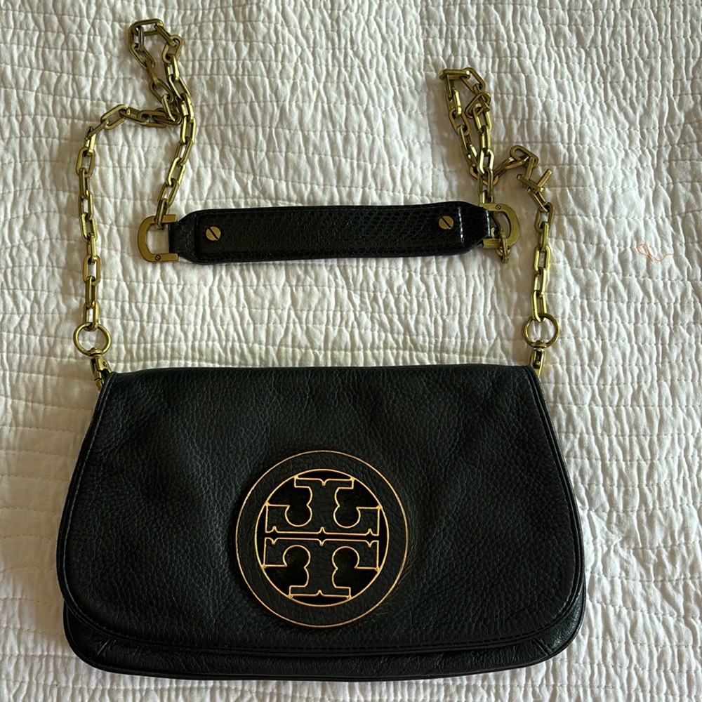 Two way black leather Tory burch bag